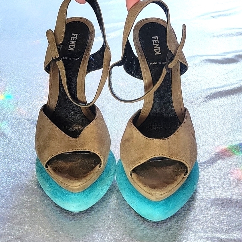 Fendi Vintage Teal & Grey Suede  Platform Peep Toe High Heel Sandal SZ:37/6.5 - Picture 2 of 14